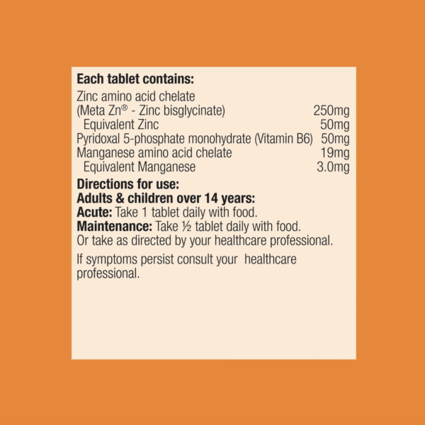 The MetaZinc 60 Tablets label lists per tablet: zinc amino acid chelate 250mg, pyridoxal 5-phosphate monohydrate 50mg, and manganese amino acid chelate 19mg, with dosage instructions for adults and children over 14.